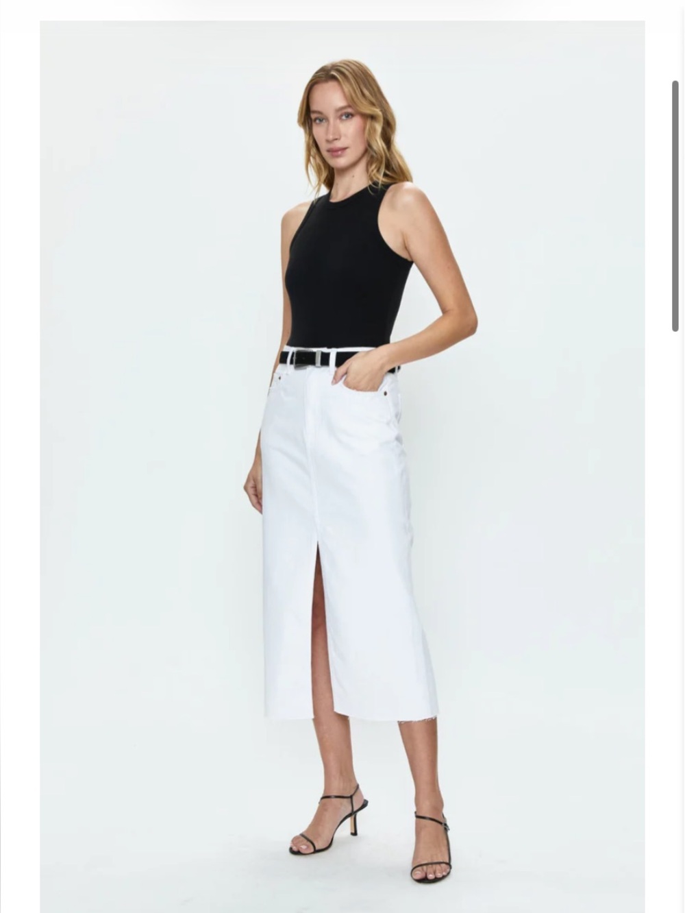 Pistola Alice High Rise Midi White Denim Midi Skirt with Front Slit. NWT